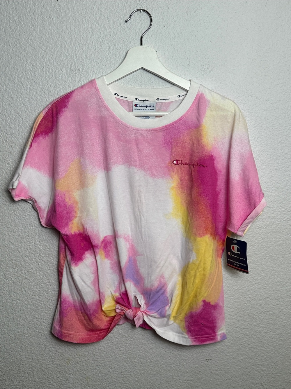NEW Champion Women's Tie Dye Print Tie Front Shirt Short Sleeve Size Medium